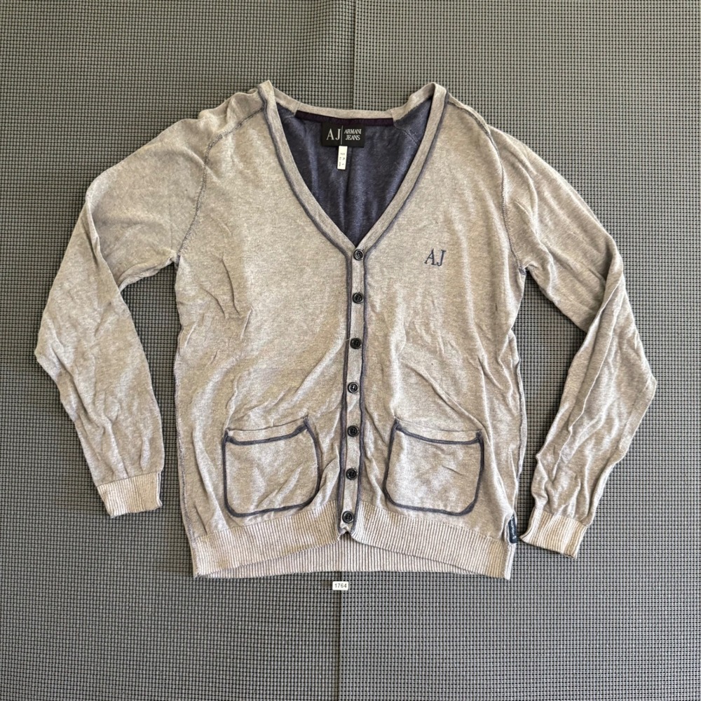 Armani Jeans Mens Gray V-Neck Button Front Cardigan Sweater Logo Large